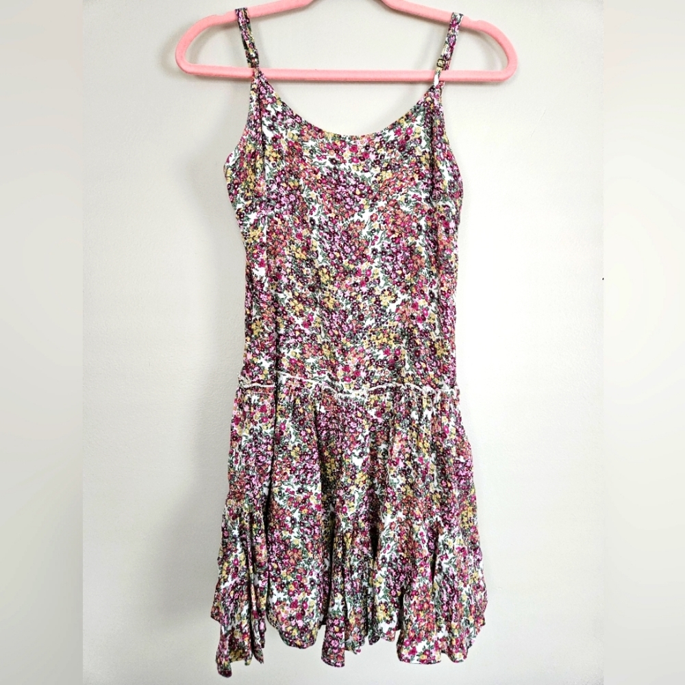 Wild Fable Floral Pattern Lace-up Back Dress Multicolor Ruffle Flare Size Small